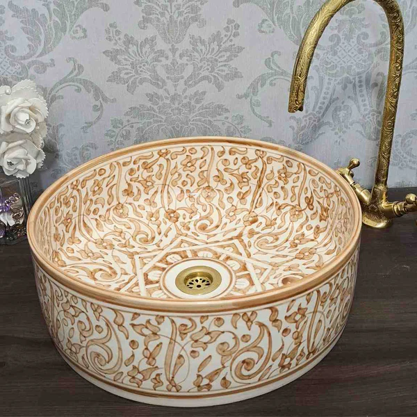Floral_Moroccan_sink_bowl_-countertop_sink_bathroom_1 Hand-Painted Moroccan Ceramic Sink – Fish Scale Bowl with Vintage Brass Rim - Image 1