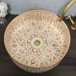 Hand-Painted Moroccan Ceramic Sink – Fish Scale Bowl with Vintage Brass Rim - Image 2