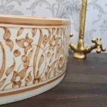 Hand-Painted Moroccan Ceramic Sink – Fish Scale Bowl with Vintage Brass Rim - Image 5