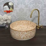 Hand-Painted Moroccan Ceramic Sink – Fish Scale Bowl with Vintage Brass Rim - Image 3