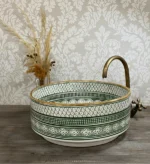 Moroccan Green Sink with Brass Rim – Hand-Painted Ceramic Basin for Bathroom Decor - Image 2