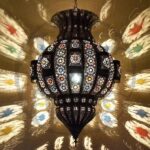 Moroccan Hanging Lamp in Bronze Iron – Colored Glass Windows
