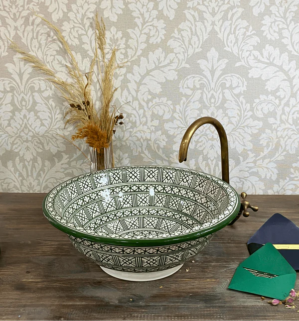 green_Vessel_Sink_-_Centerpiece_For_Your_Bathroom_Vanity_1 Handcrafted Moroccan Basin – Green Painted Ceramic Sink for Bathroom Décor - Image 1