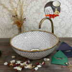Hand-Painted Moroccan Bathroom Sink – Fish Scale Ceramic Basin with Vintage Brass Rim