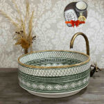 Moroccan Green Sink with Brass Rim – Hand-Painted Ceramic Basin for Bathroom Decor