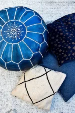 Natural Bleu Moroccan Leather Pouf – Handcrafted & Floor Cushion - Image 2