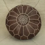 Natural Brown Wood Moroccan Leather Pouf – Handcrafted & Floor Cushion
